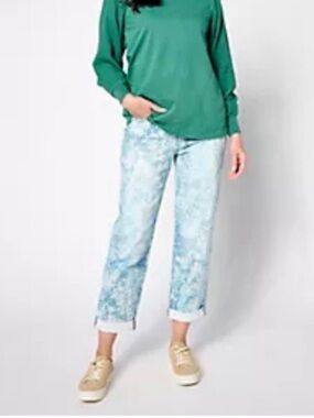 LOGO Lori Goldstein Printed Light Blue & White Denim Boyfriend Jeans 18W